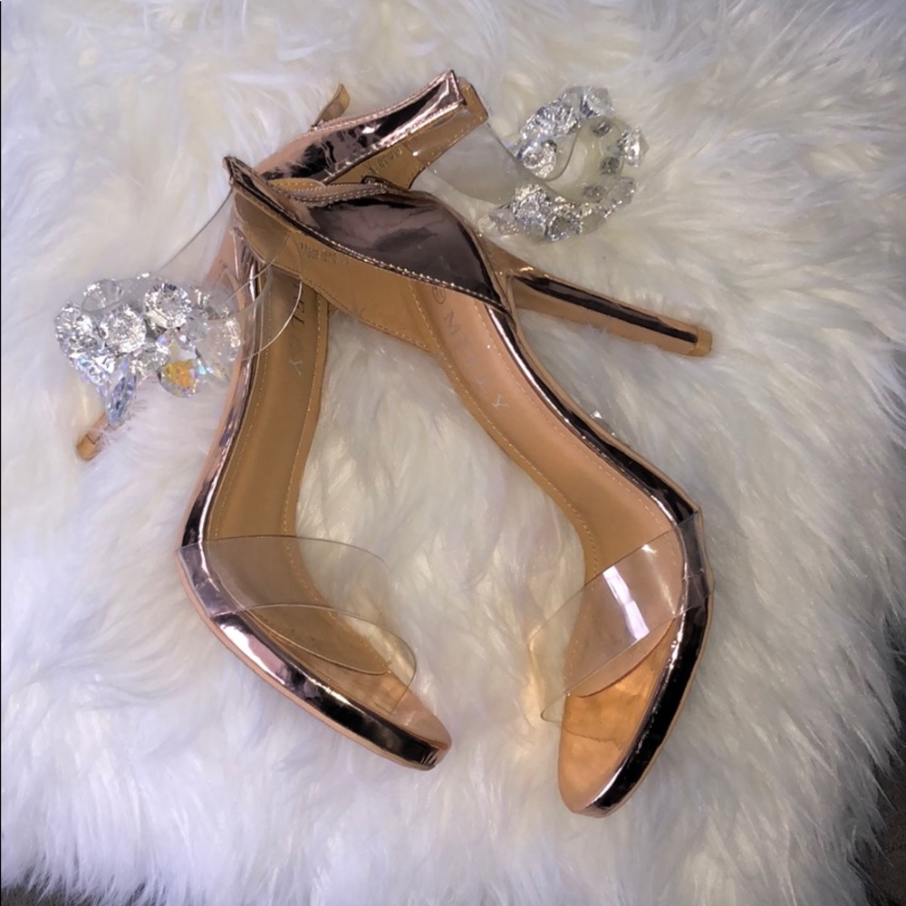 Rose gold, strappy, heels, with clear jewels